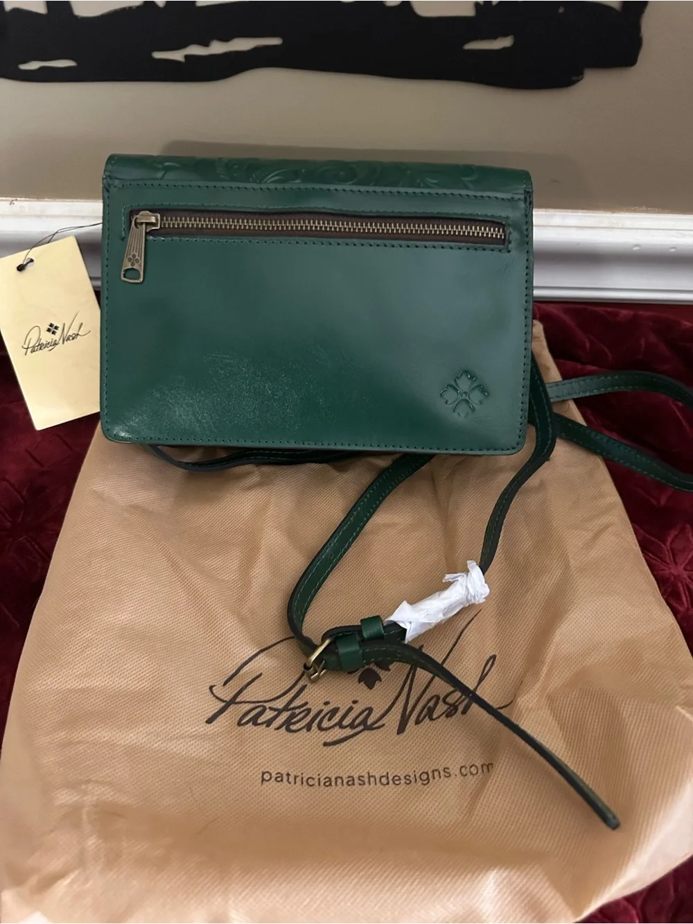 Patricia Nash Lanza Green Tooled Leather Crossbody Bag NWT